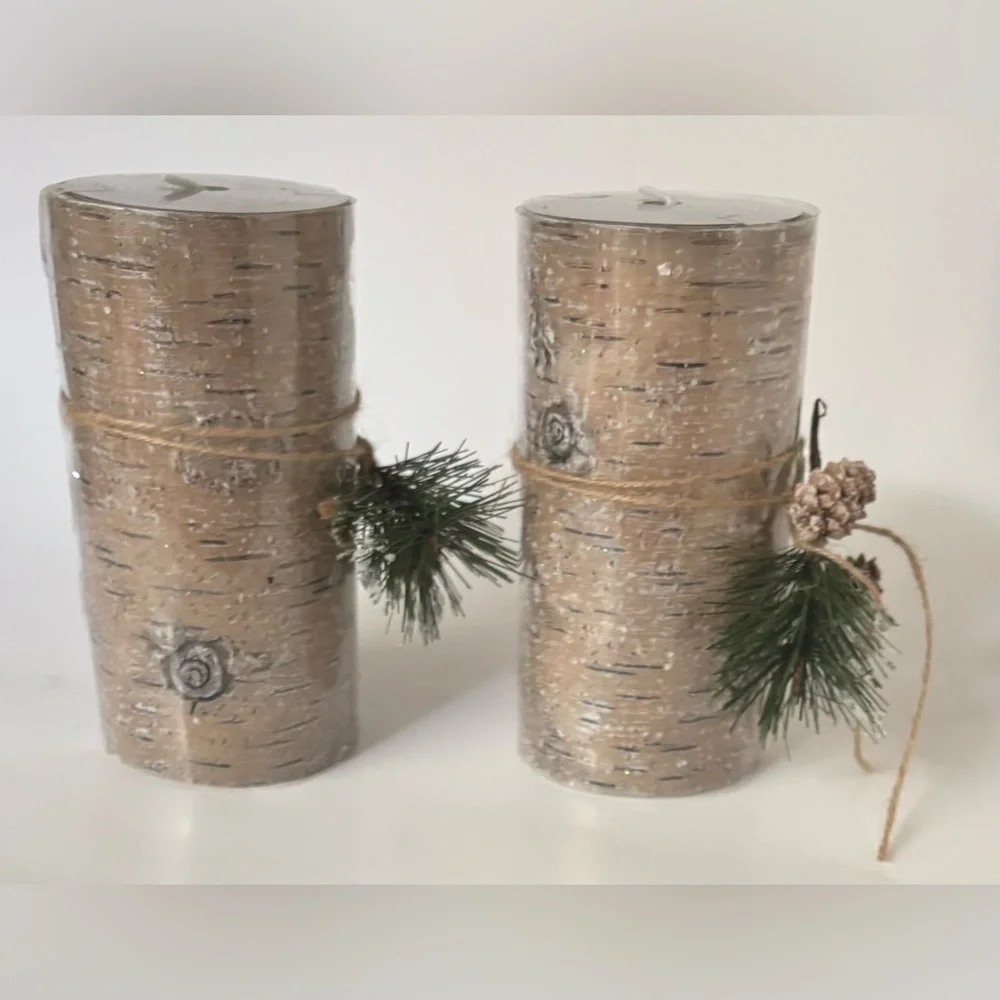 Rustic tree theme pillar candles NWT NEW 2 total 6 in Christmas Xmas festive